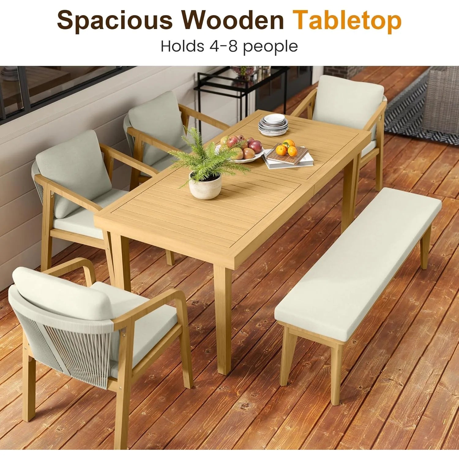 RoyalCraft Acacia Patio Dining Table, 6-Person Wood Picnic Table with Iron Leg, Outdoor Dining Furniture for Backyard Lawn