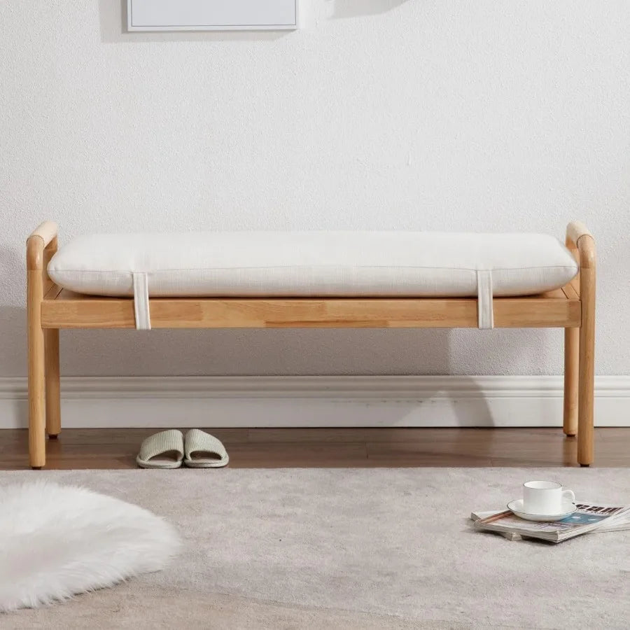Rustic Linen Entryway Bench – Beige Upholstered End-of-Bed Ottoman with Straps