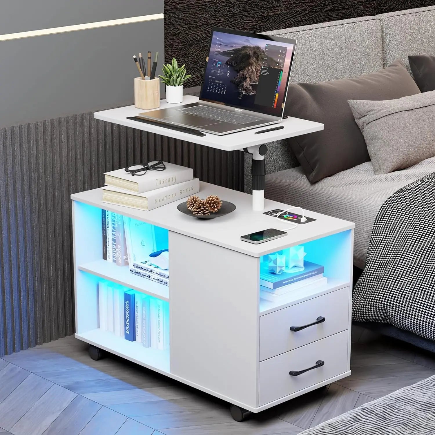 LED Nightstand with Wireless Charging Station, Bedroom Night Stand with Adjustable Rotary Study Table/Workable, Smart Bedside
