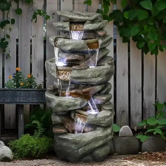 40.5” High Rocks Outdoor Water Fountain, 6-Tiers Cascading Waterfall with LED Lights, Soothing Tranquility