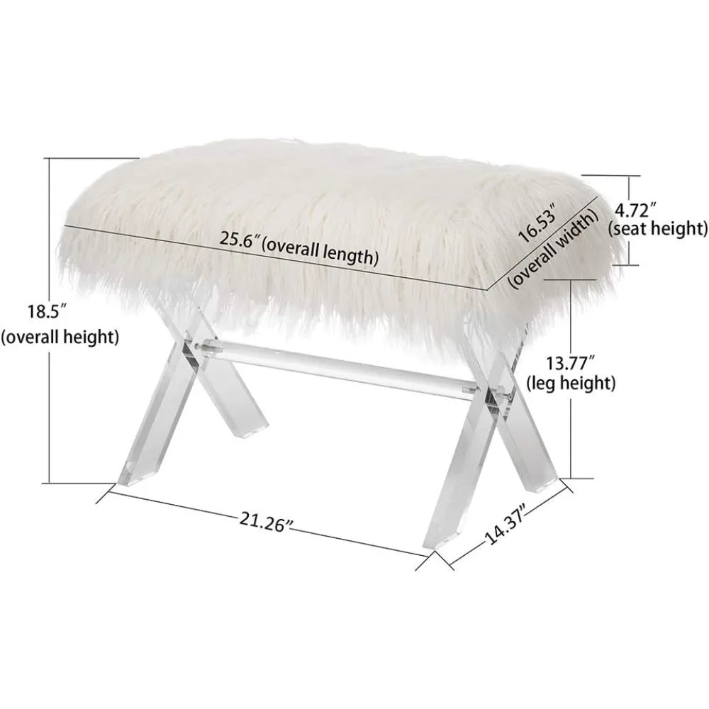 White Faux Fur Ottoman Bench – Modern Footrest with Acrylic Legs