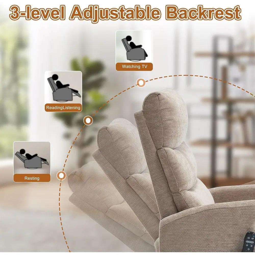 Upholstered Swivel Rocker Recliner with Vibration Massage, Plush Glider Chair with Lumbar Heat for Nurseries, Living Room Reclin