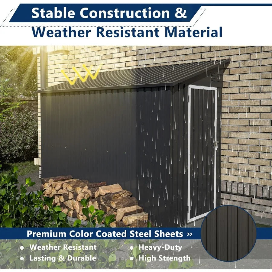 4' x 8' Metal Wall Side Storage Shed for Outdoor Use in Garden Backyard and Patio Durable Black Outdoor Storage Cabinet with