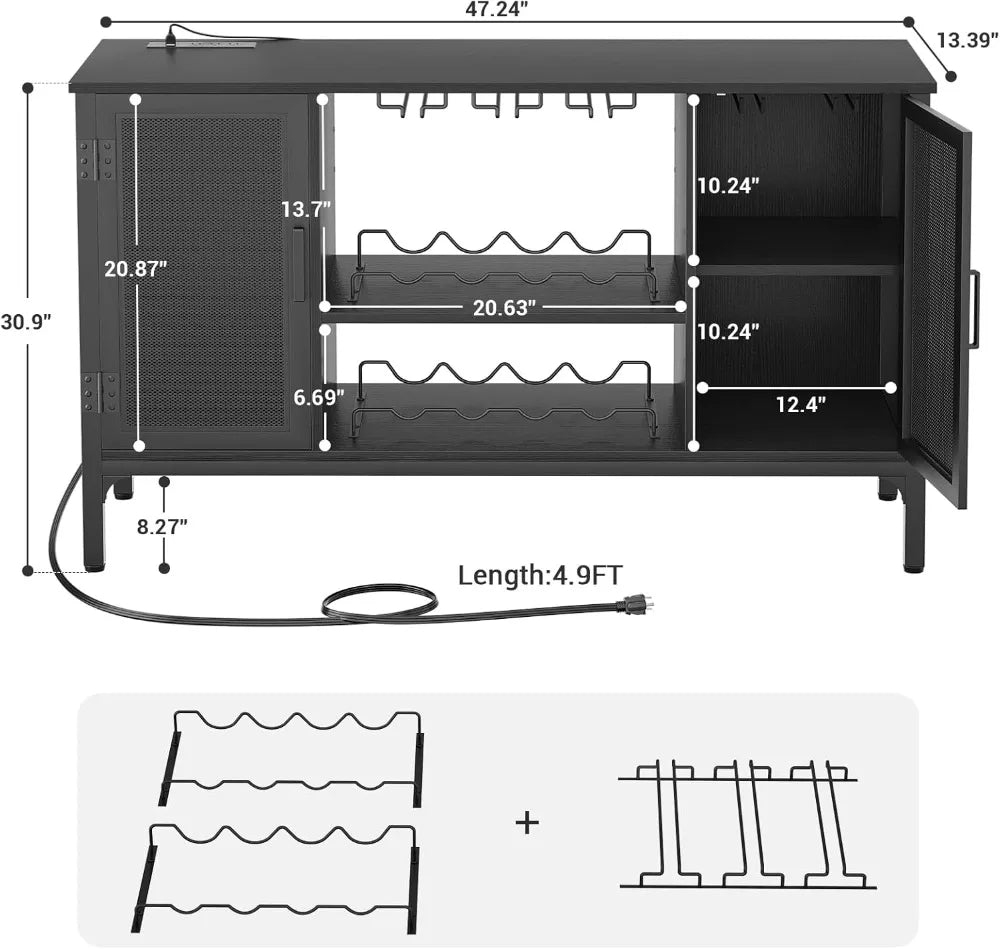 Industrial Wine Bar Cabinet with Power Outlets & LED Lights – Adjustable Wine Rack Coffee Station