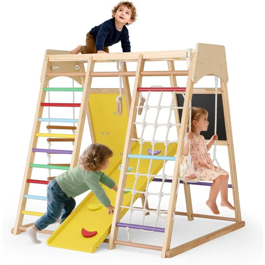 10-in-1 Wooden Montessori Indoor & Outdoor Jungle Gym – Climbing Set with Swing & Slide