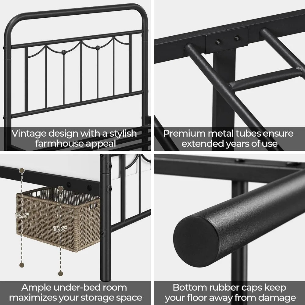 Vintage Farmhouse Twin Metal Bed Frame with Headboard, Heavy Duty Steel Slats, Under-Bed Storage, No Box Spring Needed, Black