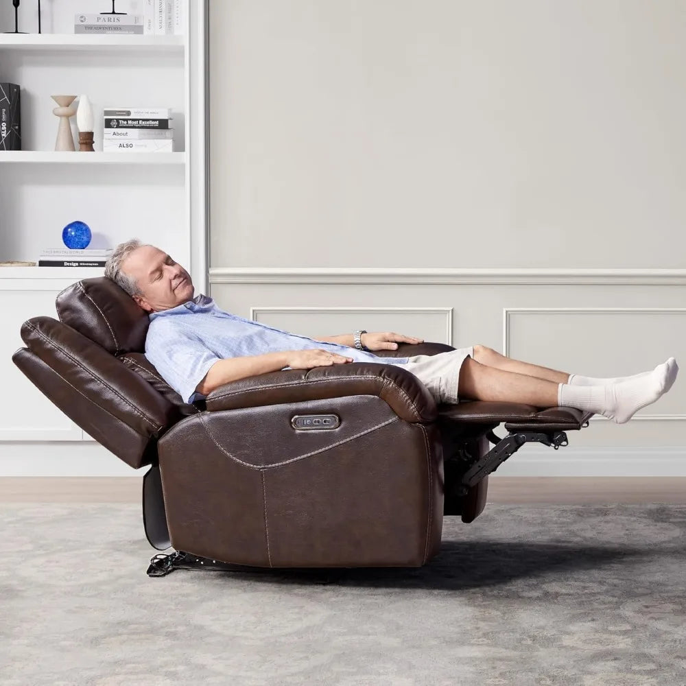 Genuine Leather Power Recliner Chairs for Adults, Wall Hugger RV Recliner with Power Headrest & Charging Ports,Electric Recliner