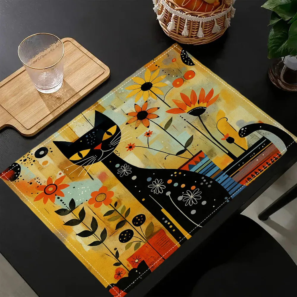 1PC Black Cat and Floral Placemats Washable Heat Resistant 30x40CM Floral Watercolor Multicolor Linen Fabric Table Place Mat7.14