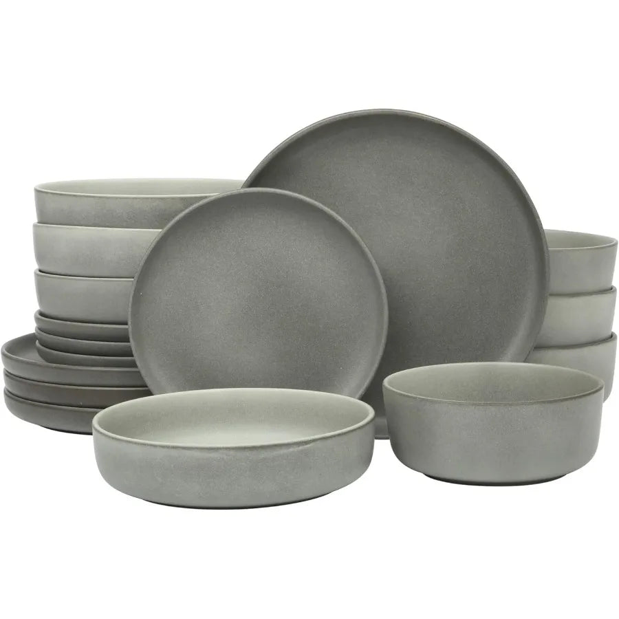 Pasco 16 Piece Service for 4 Plates and Bowls Double Bowl Reactive Glaze Dishes Stoneware Ceramic Dinnerware Set Grey