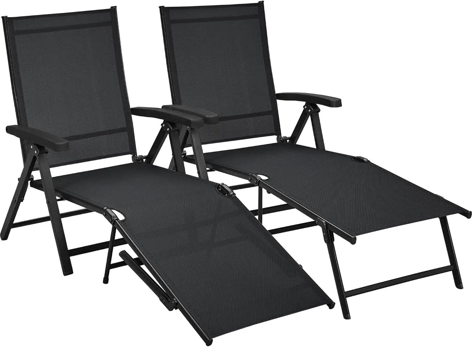 Outdoor Folding Chaise Lounge Set of 2 Patio Reclining Chairs w/Adjustable 7-Position Back for Beach Pool Garden Yard Deck Black
