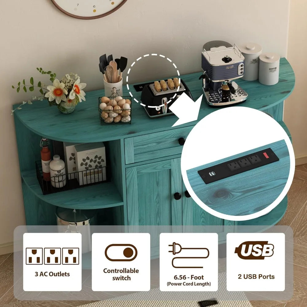 vintage blue freestanding sideboard with buffet cabinet, power outlet, and coffee bar storage