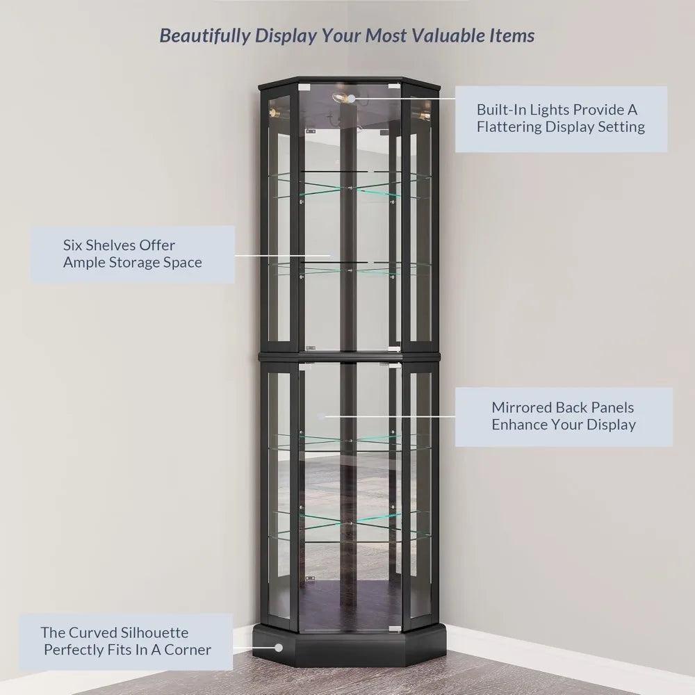 Illuminated 3-Sided Glass Display Cabinet – Curved Wood Corners with Tempered Shelves