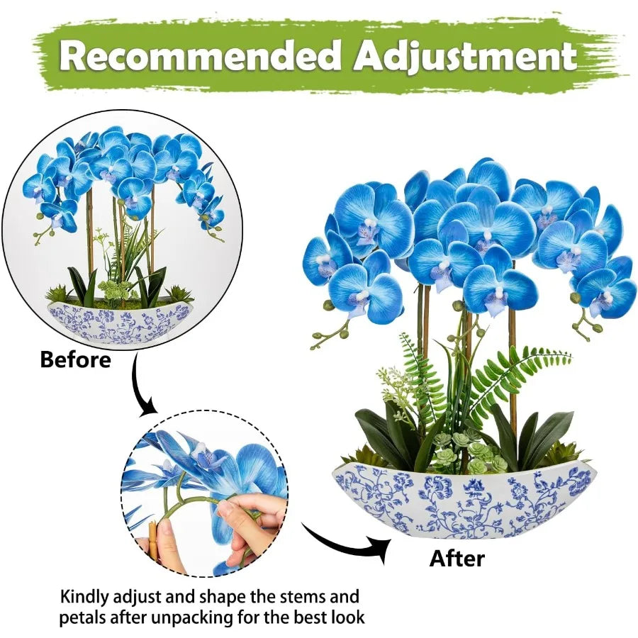 18inch Blue Orchid Artificial Flowers with Blue and White Ceramic Pot Faux Silk Orchid Arrangement for Home Office Room Dining