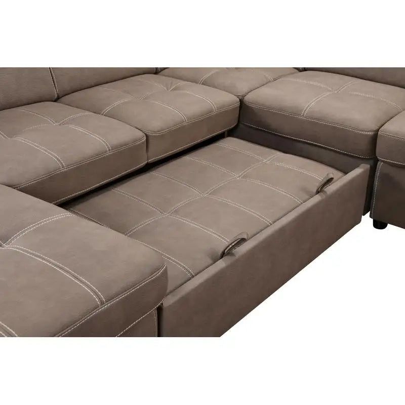 U-Shaped 128" Reversible Sectional Sofa Set with Ottoman, 7-Seater Modular Couch with Storage, Adjustable Headrest, Brown