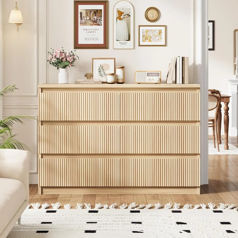 6 Drawer Dresser for Bedroom, Modern Fluted Dresser, Bedroom Dressers with Drawers, Large Double Wooden Chest of Drawers for