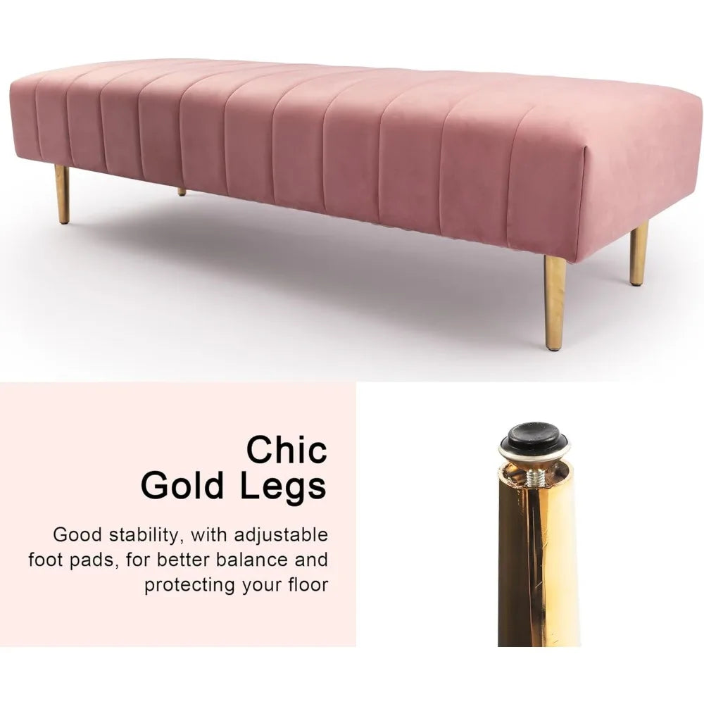 Velvet Upholstered Ottoman Bench – 58″ with Gold Legs