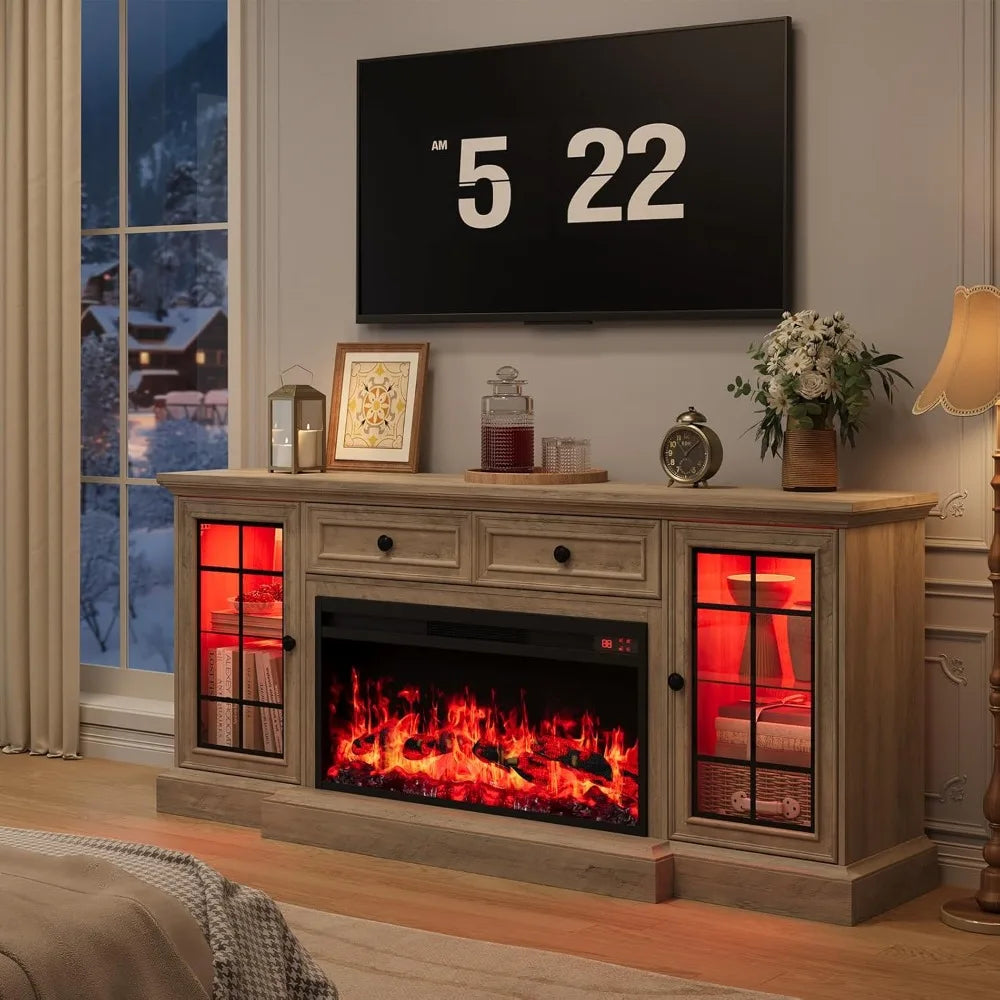 Fireplace TV Stand Up to 80" TVs,70'' Modern Entertainment Center with 36" Electric Fireplace&LED Lights,Farmhouse Media Console