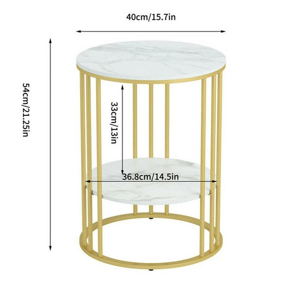 2 Tiers Round Sofa Side Table Sintered Stone Gold Metal Frame End Table Marble Accent Coffee Table Nightstand