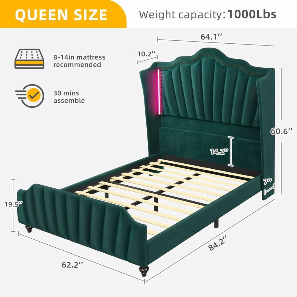 Queen Size DWVO Platform Bed Frame – Velvet Wingback Headboard & Footboard with LED Lighting
