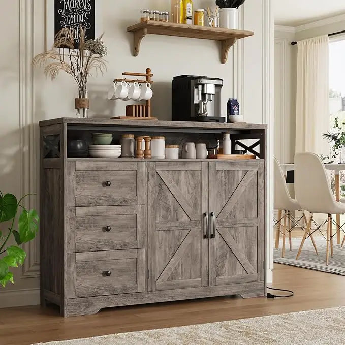47" Farmhouse Storage Cabinet with Barn Doors and Drawers, Sideboard Buffet Cabinet with Storage