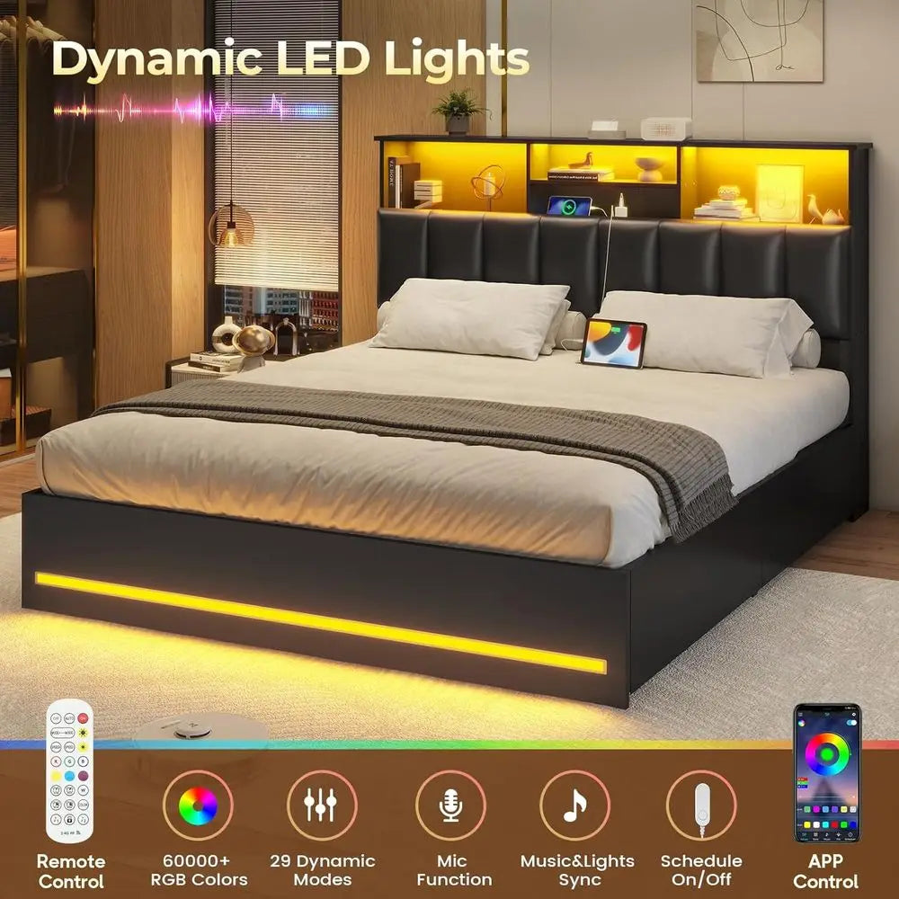 Queen Wooden Bed Frame with Bookcase Headboard – LED Lights, Charging Ports & Storage Drawers (Black)