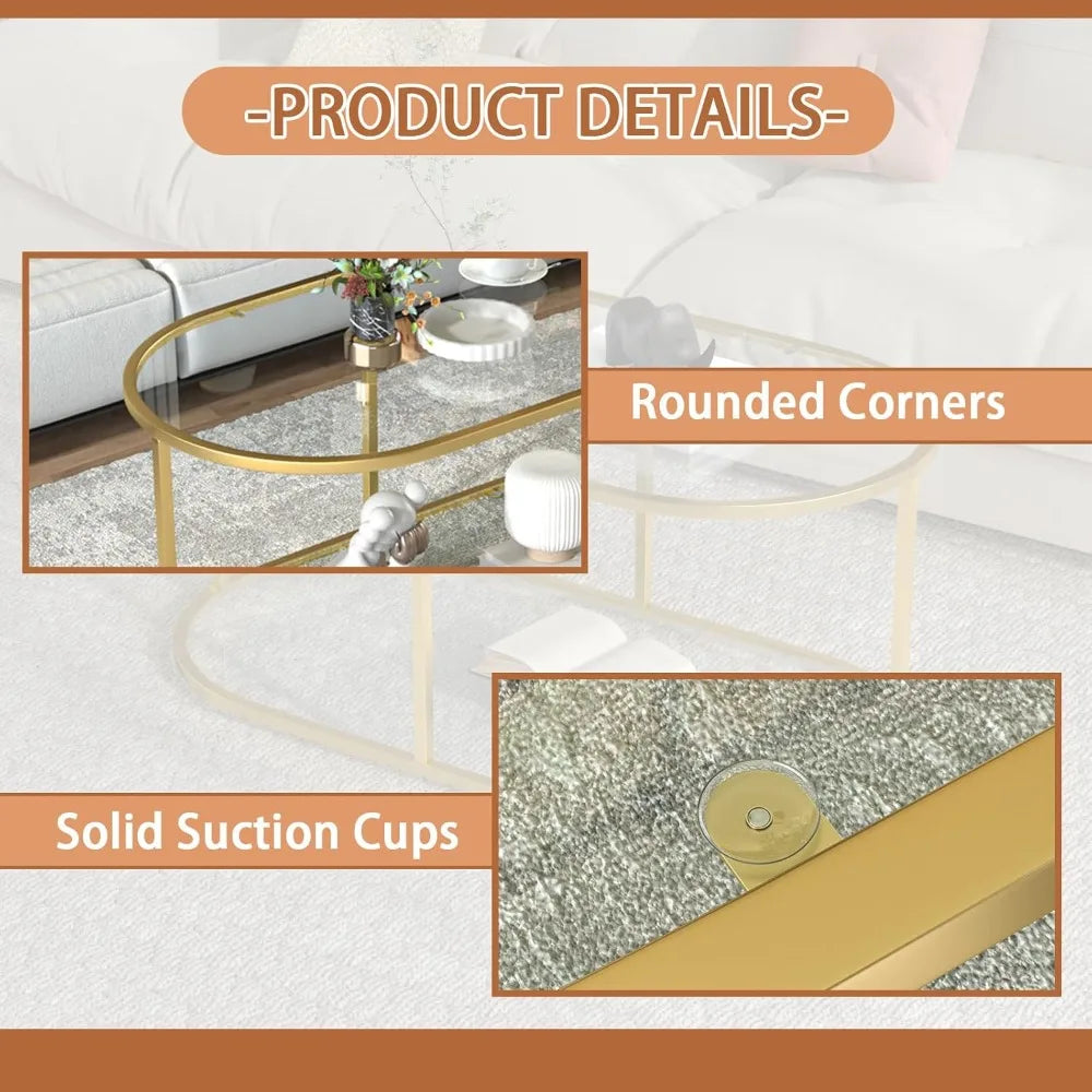 Gold Glass Coffee Table – Oval 2-Tier Center Table with Sturdy Metal Frame