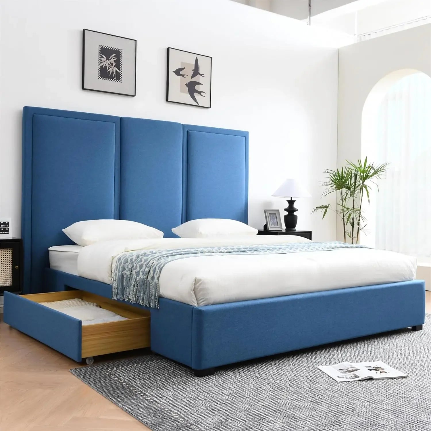 Queen Size Bed Frame Linen Upholstered Platform Bed with 64-inch High Headboard And Underbed Storage Drawers Simple Airey Design