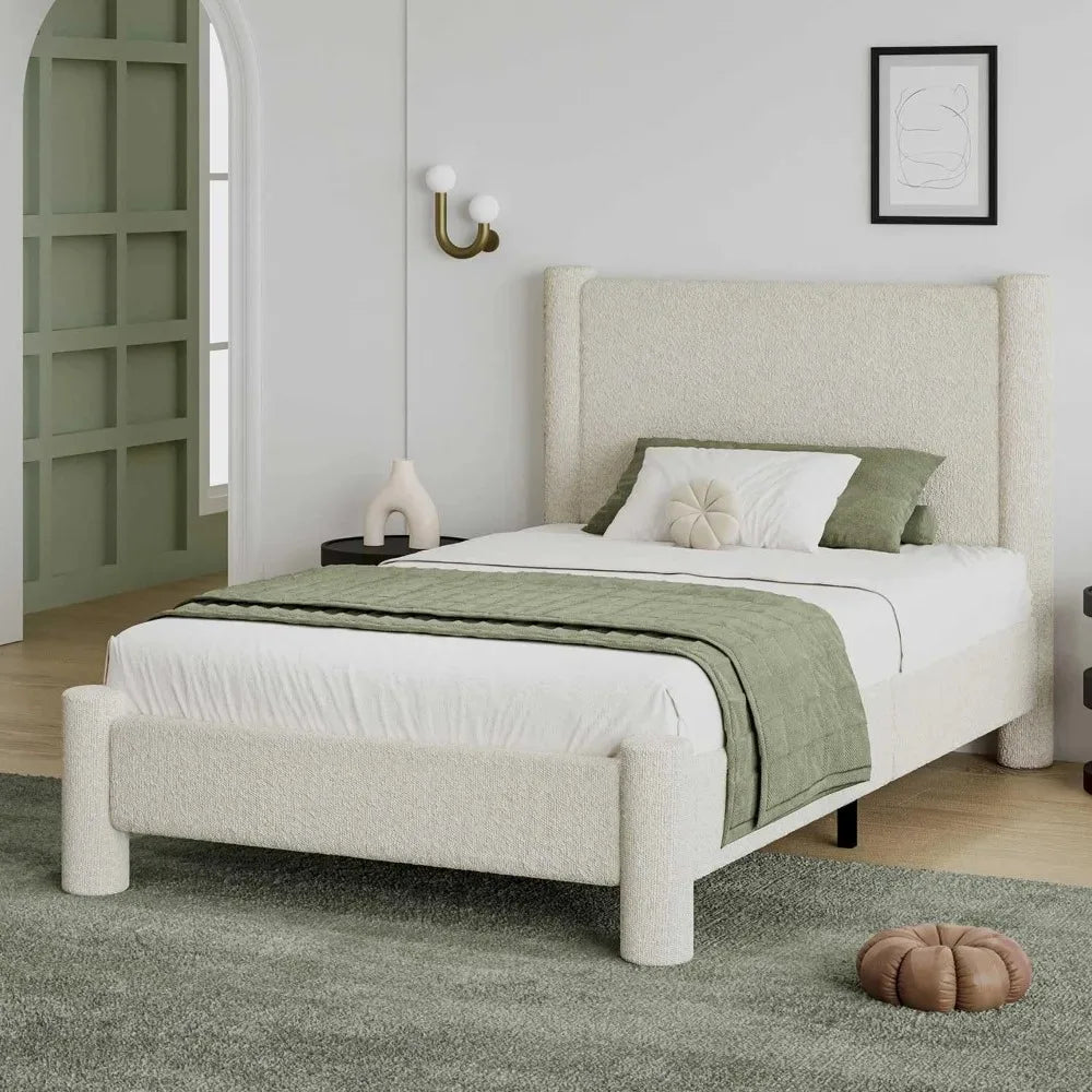 Twin Size Bouclé Upholstered Platform Bed Frame with Headboard & Footboard – Soft Rounded Corners