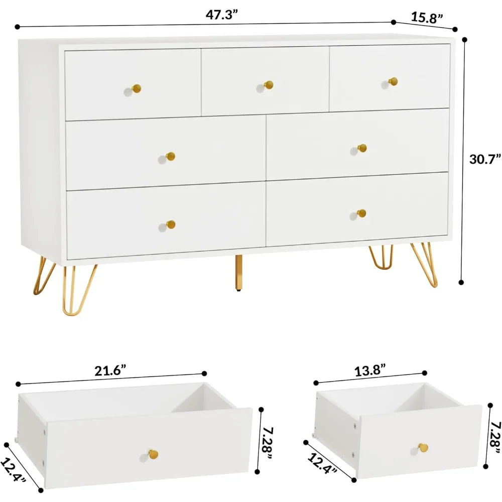 White Dresser for Bedroom, Modern 7 Drawer Dresser with Gold Handles and Metal Legs, White and Gold Dressers & Chest of Drawers