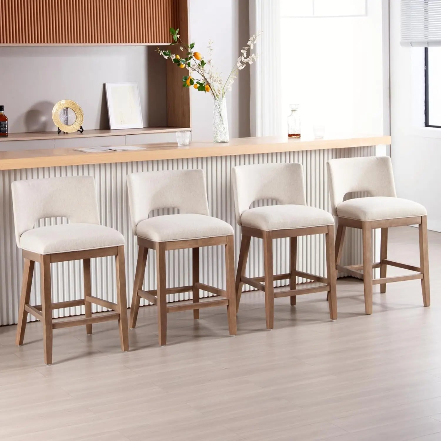 Farmhouse Counter-Height Bar Stools – Linen Upholstered with Open Back (Set of 4, Beige)