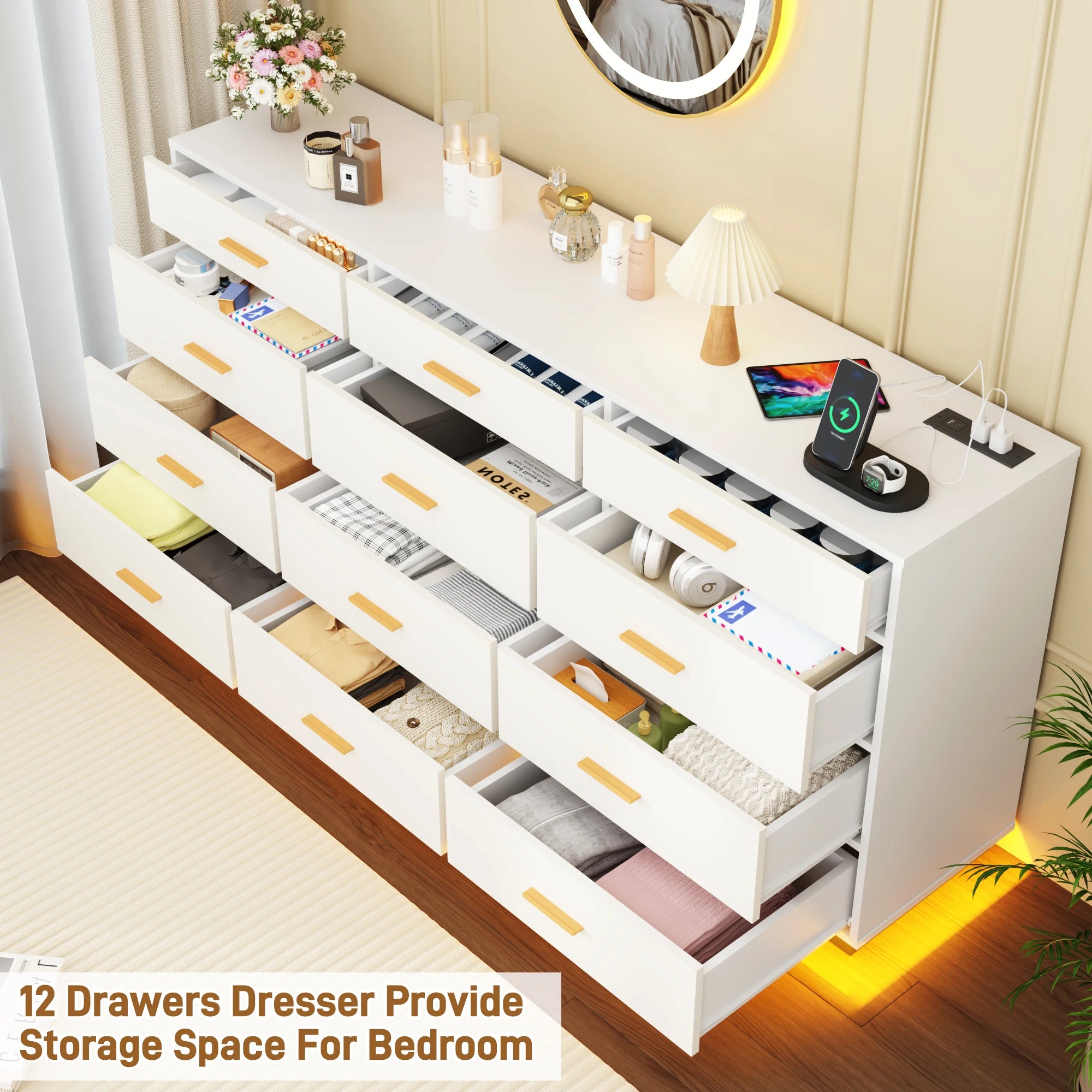 63'' Modern Chest of Drawers with Power Outlets & LED Lights, 12 Drawer Dresser for Bedroom, Wood Dresser for Living Room