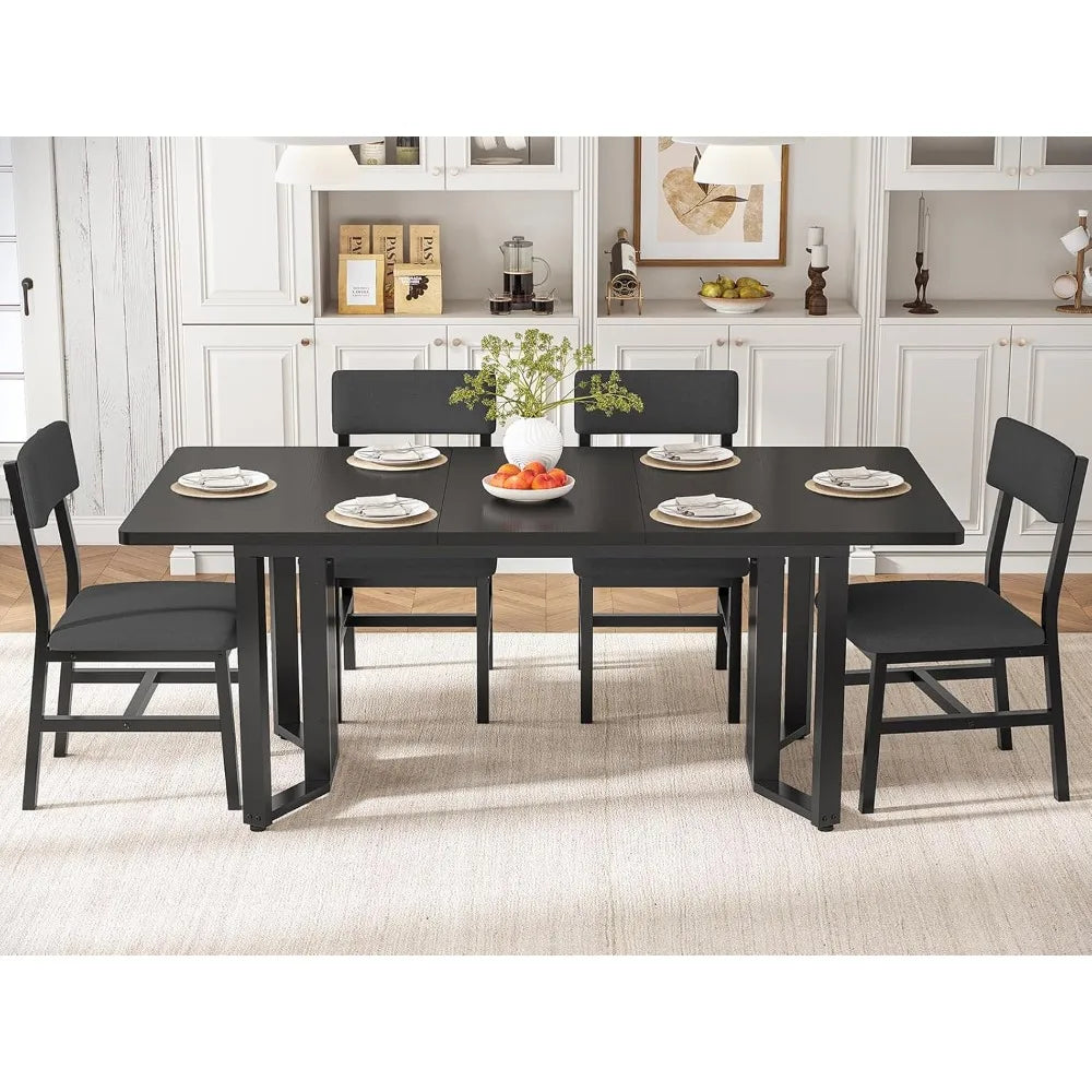 5-Piece Dining Table Set for 4-6 People, 63" Extendable Kitchen Table and 4 Cushion Chairs, Dining Room Table with MDF Boa