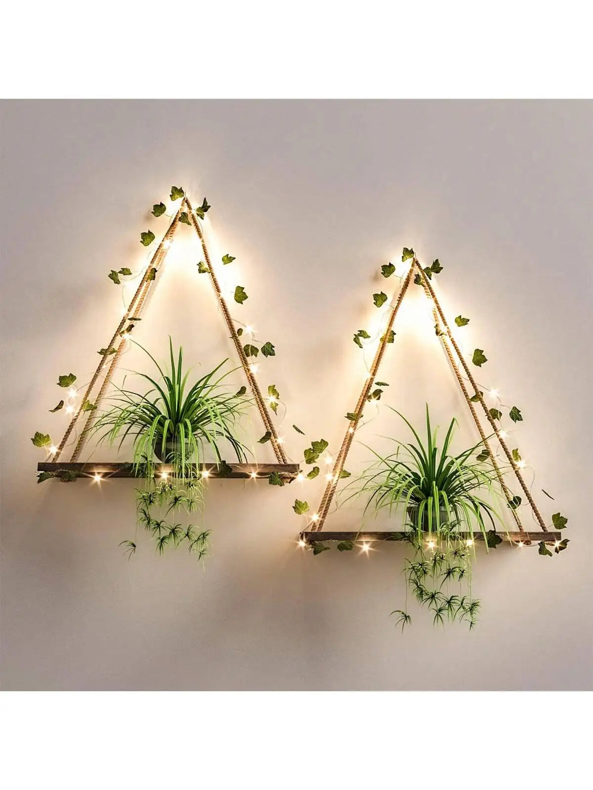 Floating Wall Shelf with Artificial Ivy LED Strip – Boho Style
