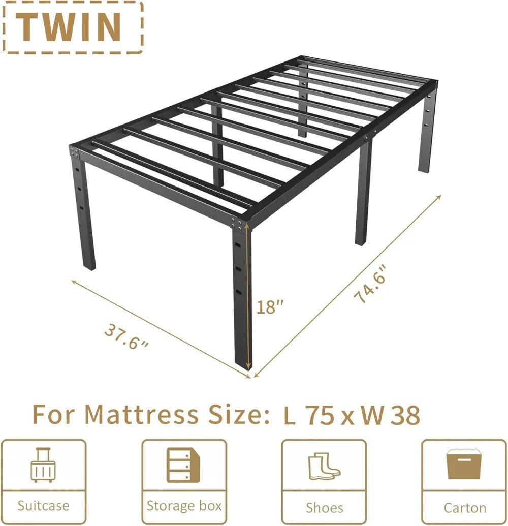 18″ Twin Metal Platform Bed Frame with Storage – Heavy-Duty, Noise-Free Design
