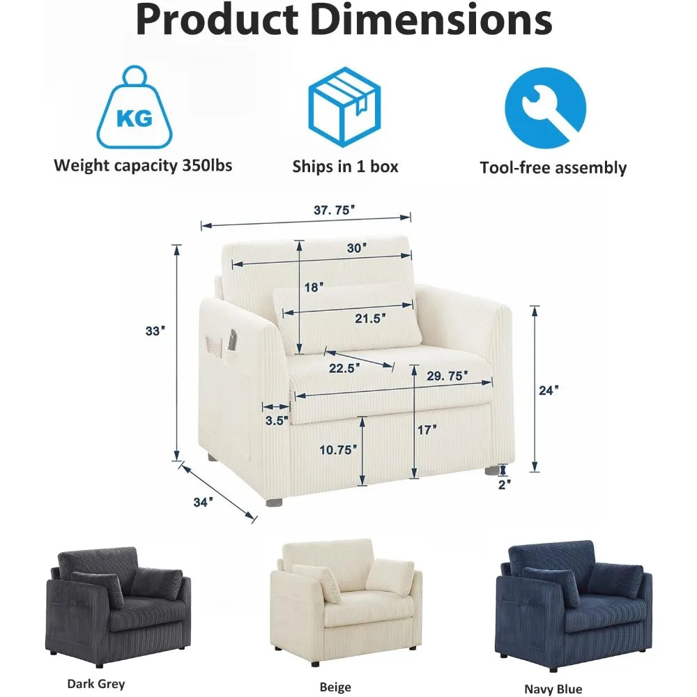 Modern Corduroy Accent Chair – 38″ Comfy Armchair with Pillows & Side Pockets