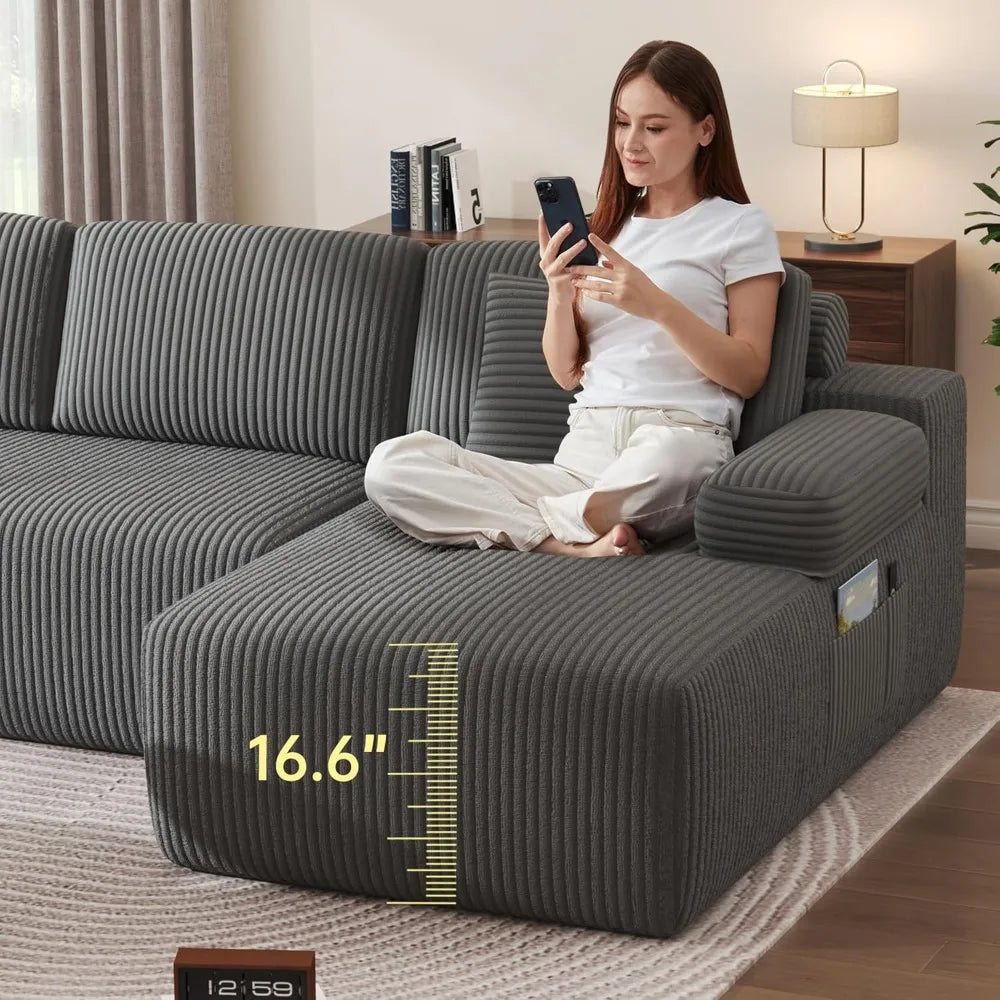 126.2'' modular sectional sofa, convertible u shaped cloud couch with memory foam, corduroy boneless sectional couches for livi