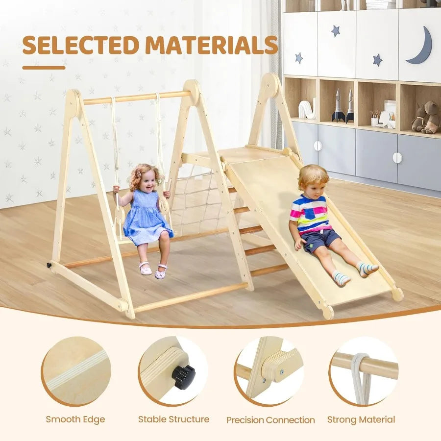 7-in-1 Foldable Indoor & Outdoor Jungle Gym – Wooden Climbing Set with Adjustable Swing