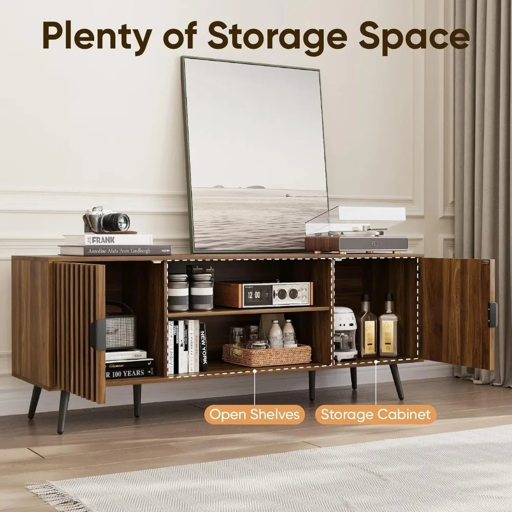 53" Fluted TV Stand with for TVs up to 60 Inch, Entertainment Center with Storage and Adjustable Shelves, Farmhouse Media Consol