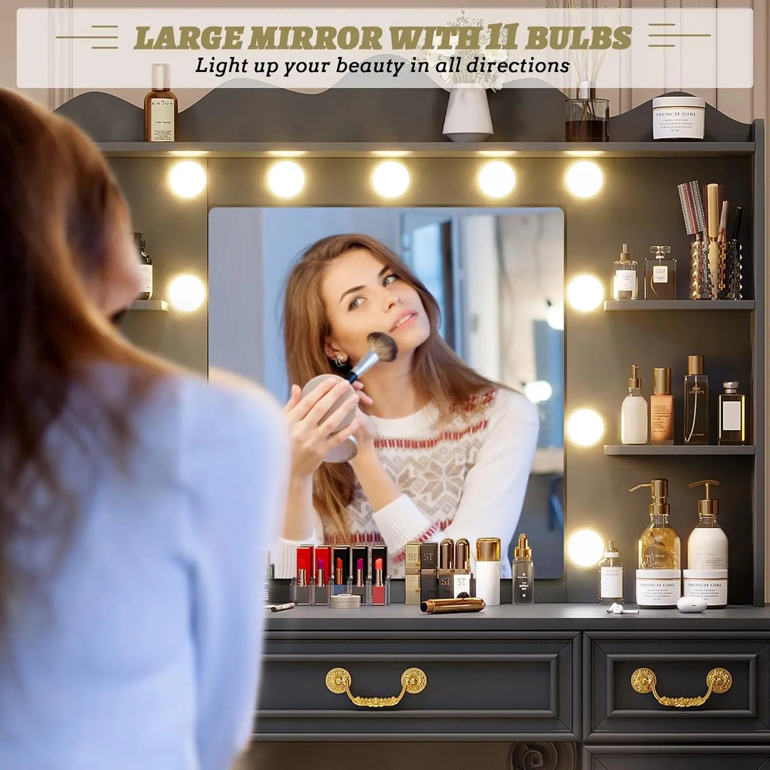 Makeup Vanity Desk with Mirror, Lights & Charging Station, 6 Drawers, Grey