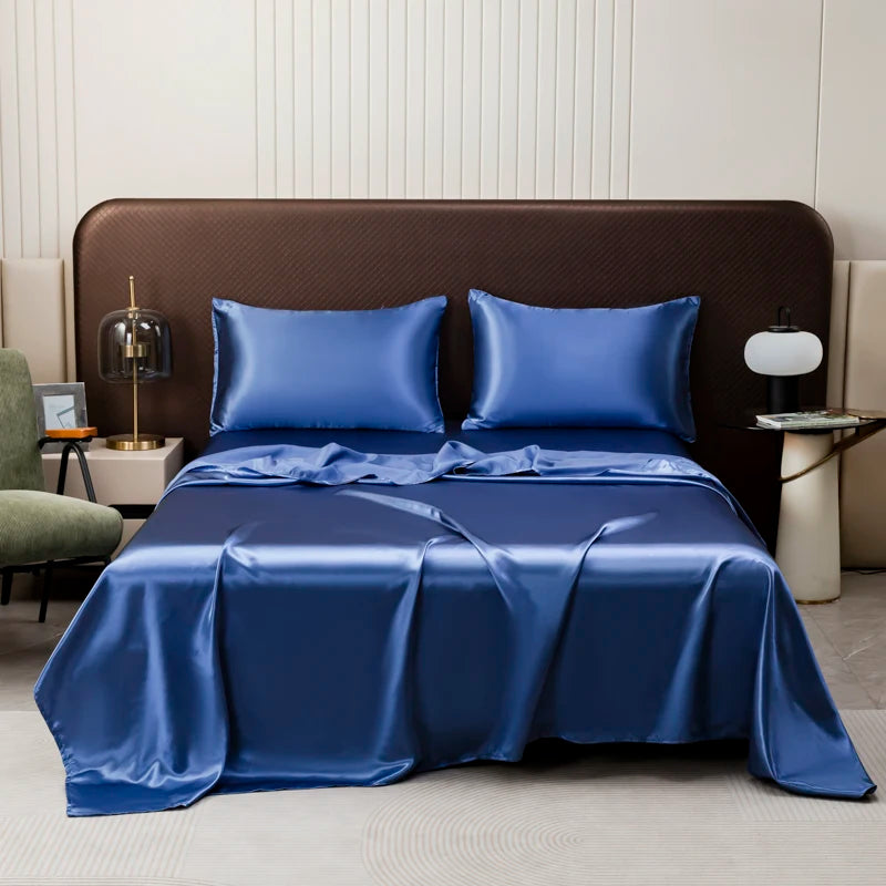 Opulent Solid Color Satin Bedding Set,Includes Flat Sheet, Fitted Sheet, Pillowcases,Luxury Linens for a Royal Sleep Experience