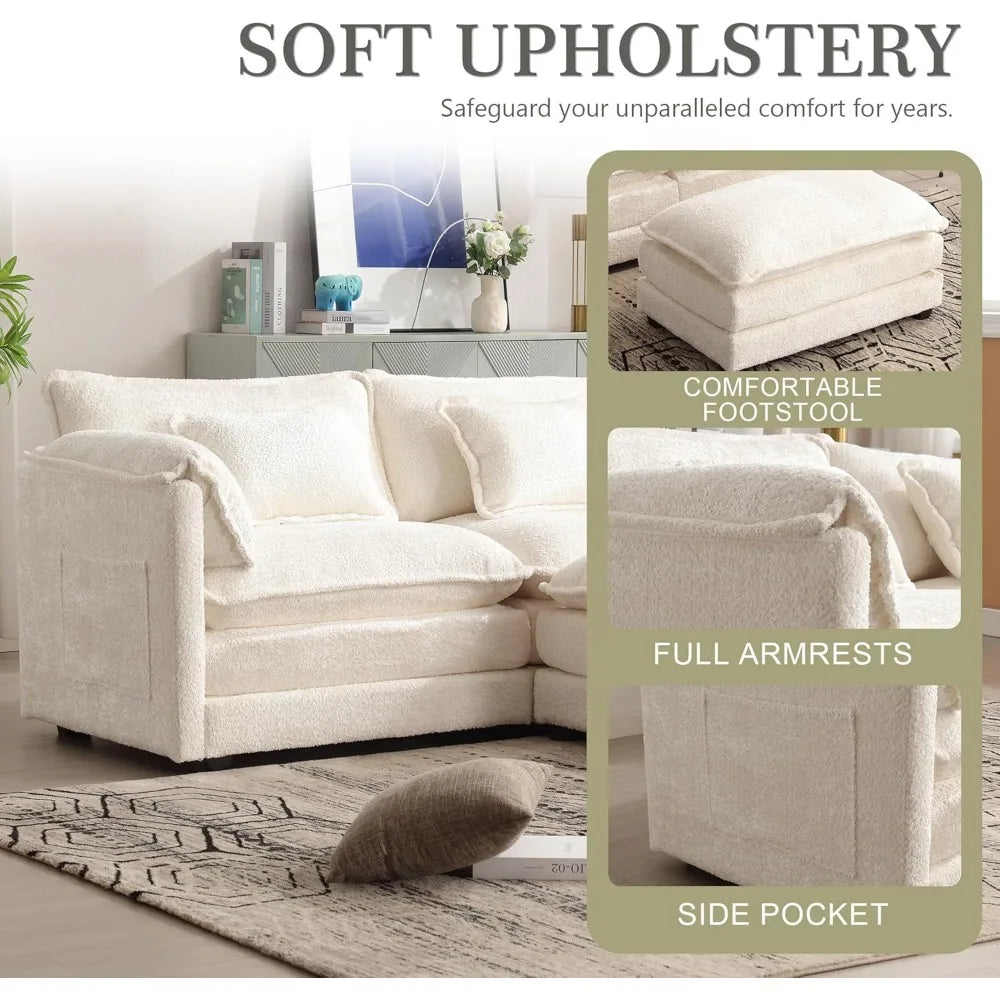 Sectional Modular Cloud Sofa Couch, 76.77" Chenille Comfy Upholstered L-Shape Sofa with Re-moveable Ottoman and 2 Pillows