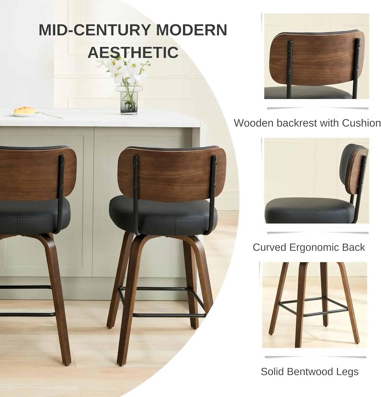 Swivel Counter-Height Bar Stools with Back – Faux Leather, Walnut Legs (Black)