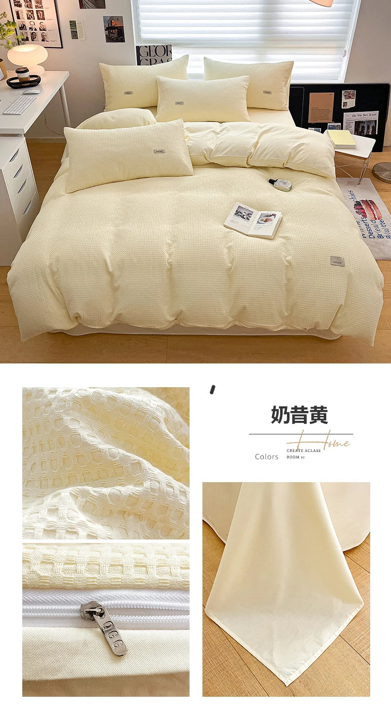 Simple Waffle Jacquard 100% Cotton Bedding Set Soft Comfortable Queen Duvet Cover Set with Sheets Quilt Cover and Pillowcases