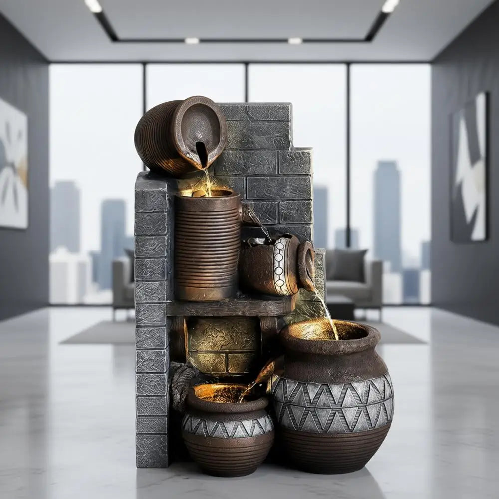 Outdoor Water Fountain, Garden Waterfalls Fountains with LED Lights, 6 Tier Modern Indoor/Outdoor Floor Standing Water Fountain