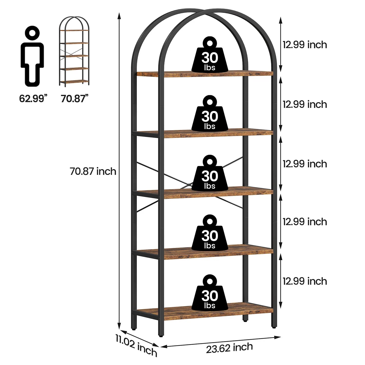 5-Tier Arched Bookshelf – 180 cm Tall Industrial Open Display Rack