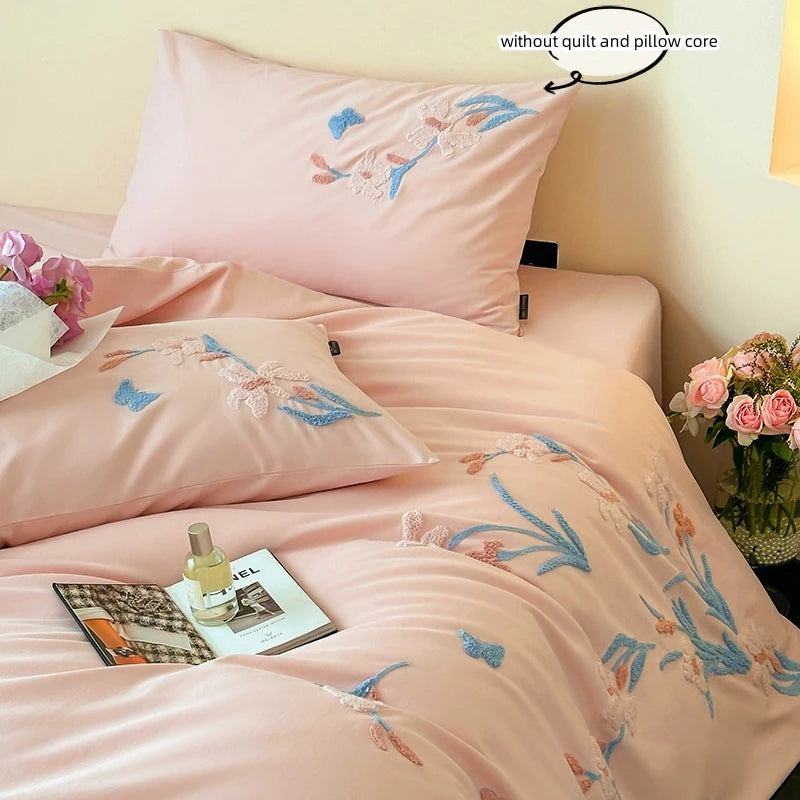 3pcs Elegant Embroidered Orchid Duvet Cover Set (1*Duvet Cover + 2*Pillowcase, Without Core), Lace embroidery Bedding Set