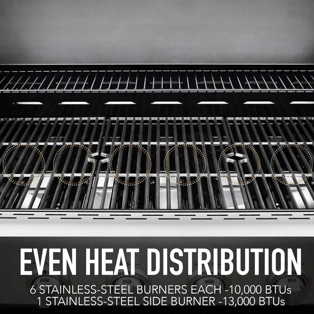 Stainless Steel 6-Burner Propane BBQ Grill with Side Burner, 73,000 BTUs, Cast Iron Grates for Outdoor Cooking