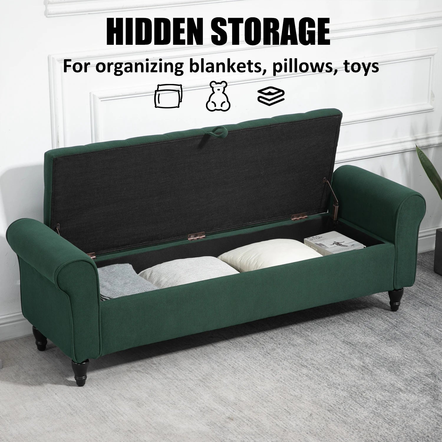 Storage Ottoman Bench – 63″ Upholstered Tufted End-of-Bed Bench