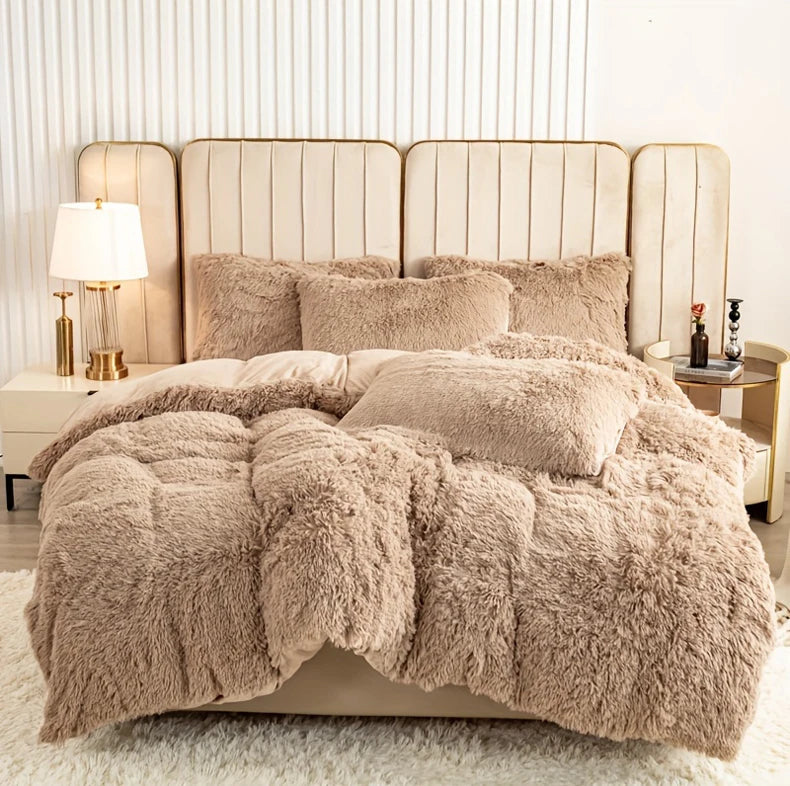 3-Piece Faux Fur Velvet Duvet Cover Set - Soft, Warm, Plush Bedding with Solid Color Design, 1 Duvet Cover and 1/2 Pillowcase, W