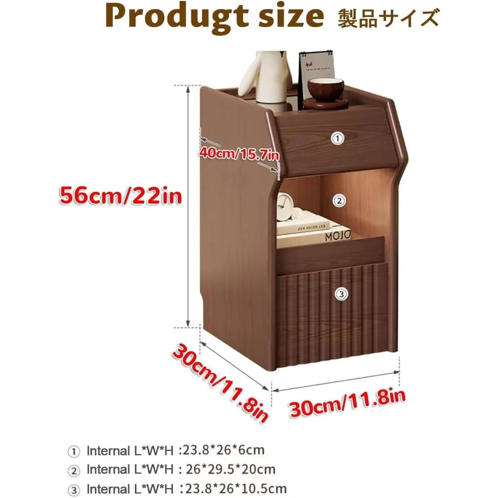 3-Tier Wooden End Table, Dual Drawer Nightstand, Storage-Friendly Bedside Table, and Tall Sofa End Table for Living Spaces and B